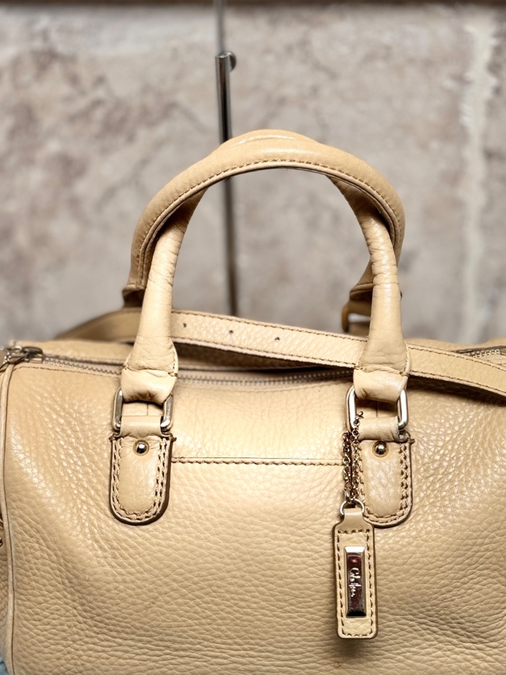 Cole Haan Jade Pebbled Leather Satchel Nude Beige Crossbody Shoulder Bag - Picture 2 of 15